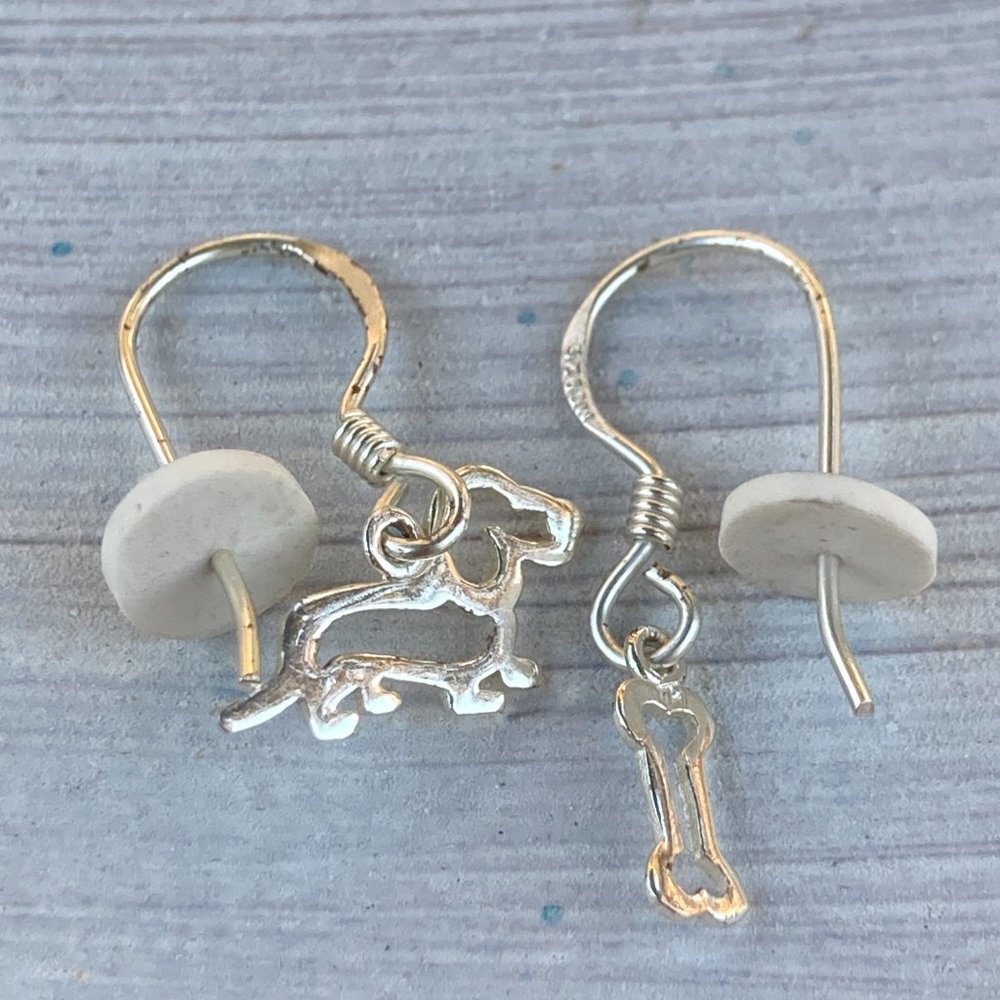 Cute tiny dog and bone M6 sterling silver earrings
